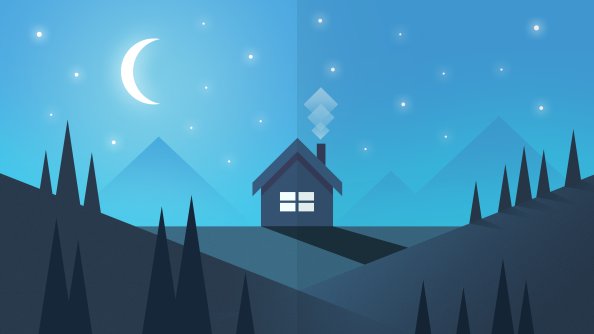 House Mountain Trees Moon Illustration