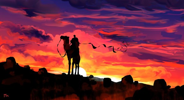 Clouds Dawn Camel Rider Fantasy Illustration 4k