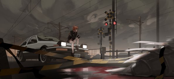Anime Girl On Train Track With Car 8k
