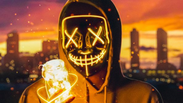 Neon Mask Guy With Light Cube