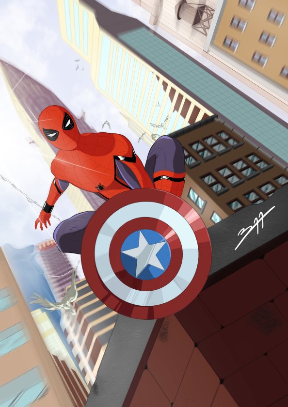Spiderman With Captain America Shield Art