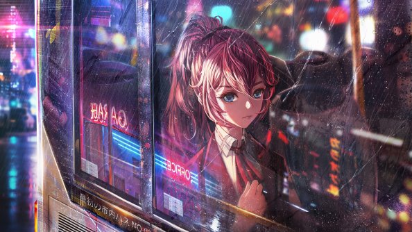 Anime Girl Bus Window Neon City 4k