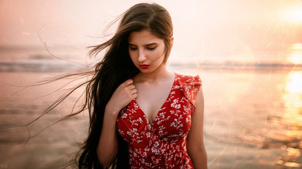 Beautiful Girl Long Hairs Looking Down