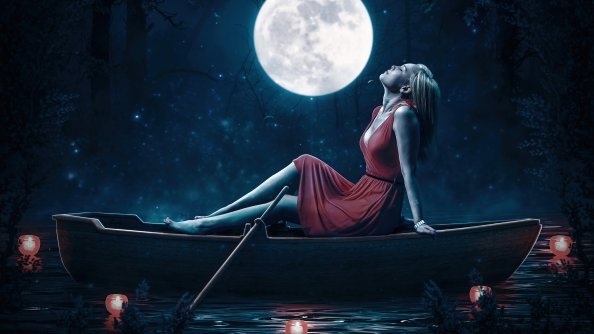 Girl Relaxing Red Dress Boat Moon 5k