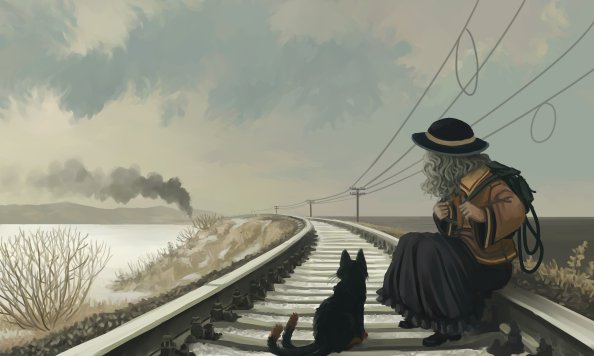 Anime Girl With Cat On Railroad