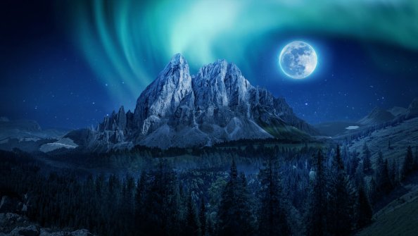 Mountain Aurora Moon Night Northern Lights 4k