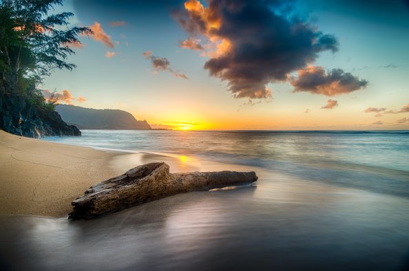 Driftwood On Beach At Sunset On North Shore Of Kauai 8k