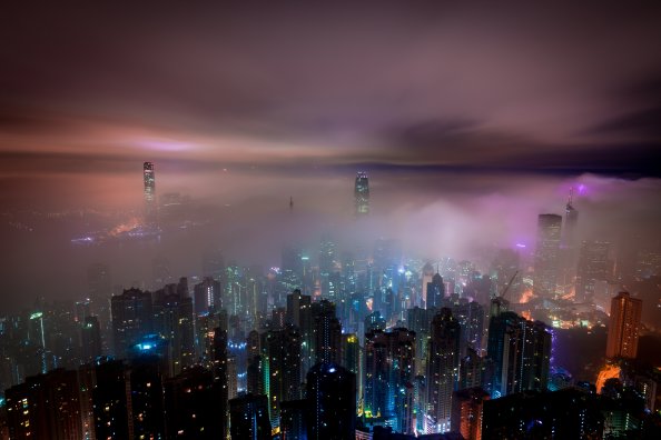 Hong Kong Buildings Night Lights Mist