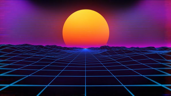 Cyberpunk Sunset Grid Mountains Sun Dark Design
