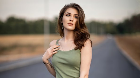 Girl Green Clothing Standing Road 4k