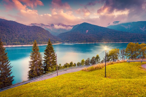 Mountains Trees Lights Sky