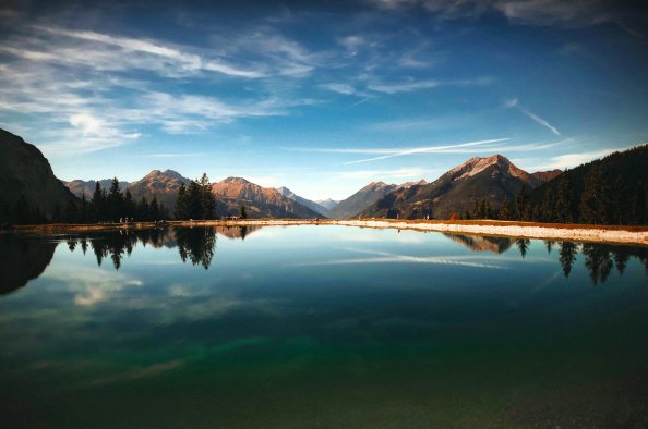Lake Clouds Mountains Forest Landscape Scenic Reflection