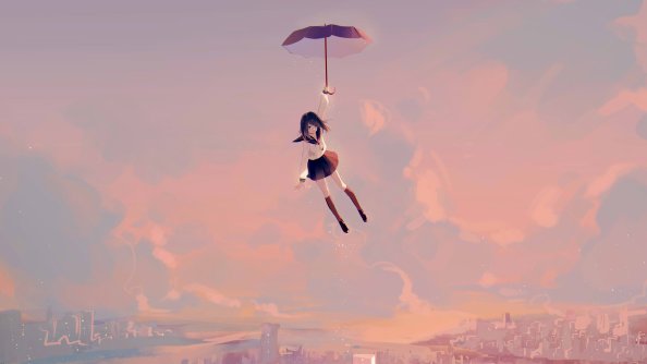 Anime Girl Flying With Umbrella 4k