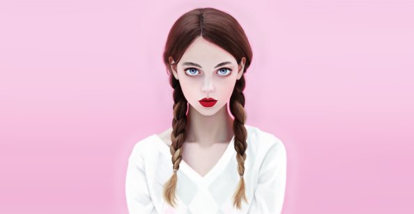 Brunette Red Lipstick Blue Eyes Face With Braids