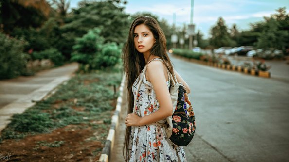 Girl Backpack Outdoors Looking Back 4k