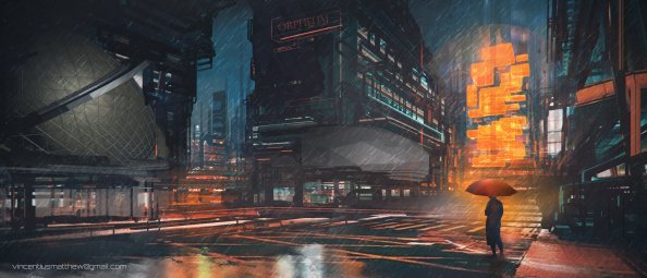 Rainy Night Man With Umbrella Scifi Drawings Digital Art