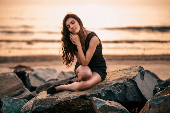Girl Sitting On Rock Nature 4k