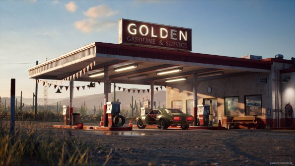 Golden Gasoline Desert Gas Station