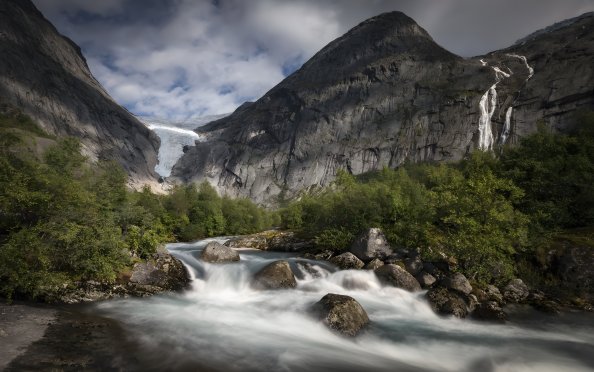 Glacier Trees Landscape Clouds Rocks 5k