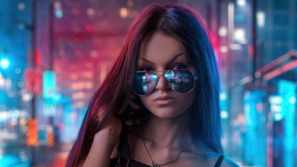 Cool Sunglasses Girl In Neon Lights Of City