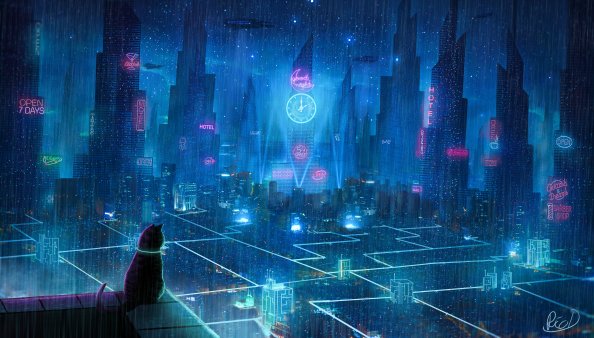 Cat Rain Dream Cyberpunk City 4k