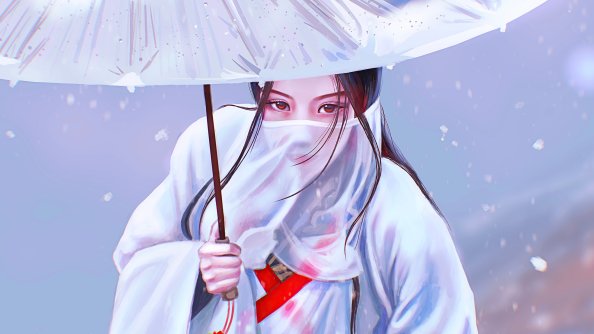 Asian Girl Face Covered Umbrella Digital Art