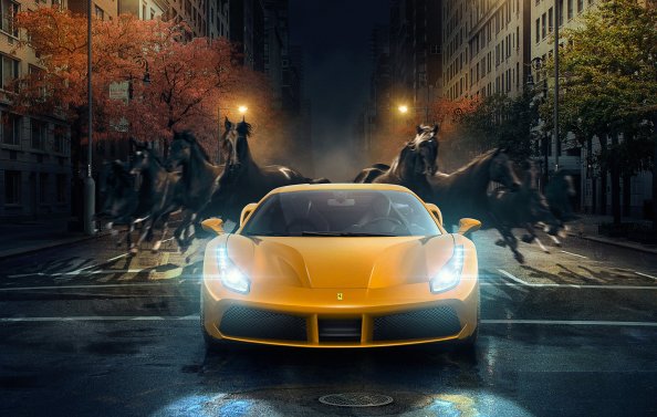 Yellow Ferrari 488 GTB Horses Behind