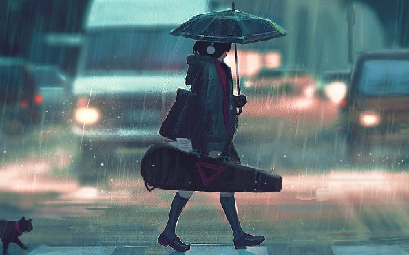 Anime Girl With Guitar Passing Street