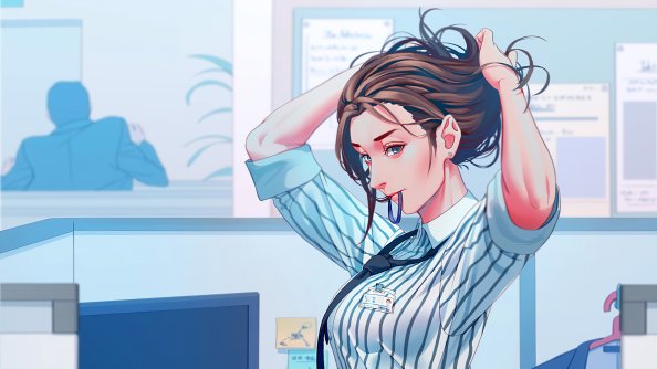 Office Anime Girl Adjusting Hairs 4k