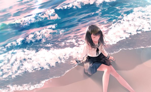 Anime Girl Sitting Waves School Uniform 4k