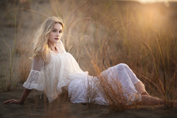 Blonde Girl Sitting White Dress 4k