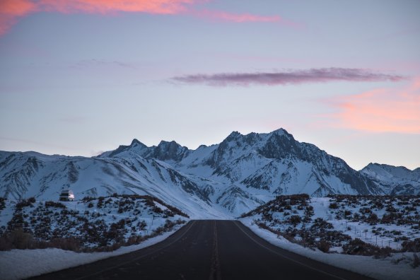 Road Outdoors Snowy Peak 8k