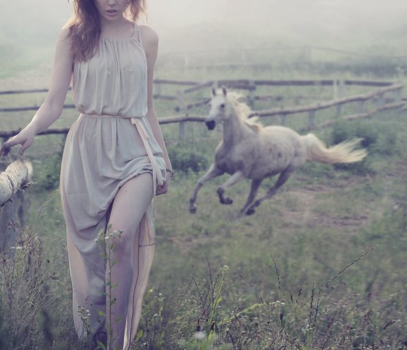 Women Outdoor With White Horse