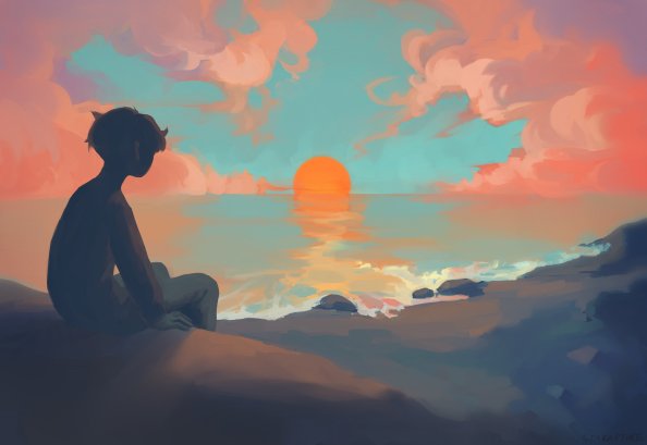 Anime Boy Sitting Watching Sunset