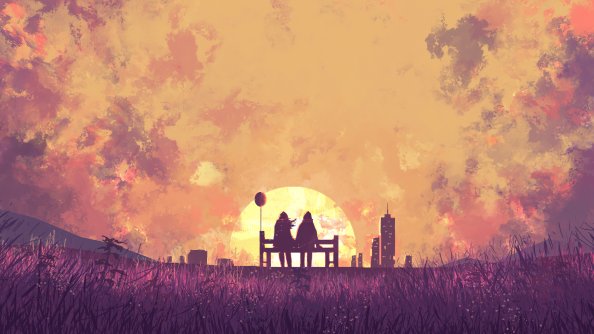 Couple Sitting Bench Digital Art 4k