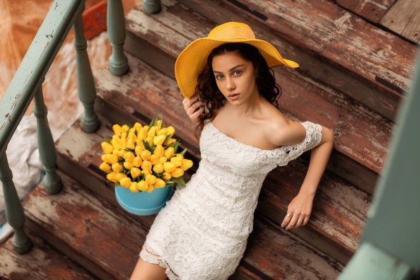 White Dress Girl With Tulips Flowers