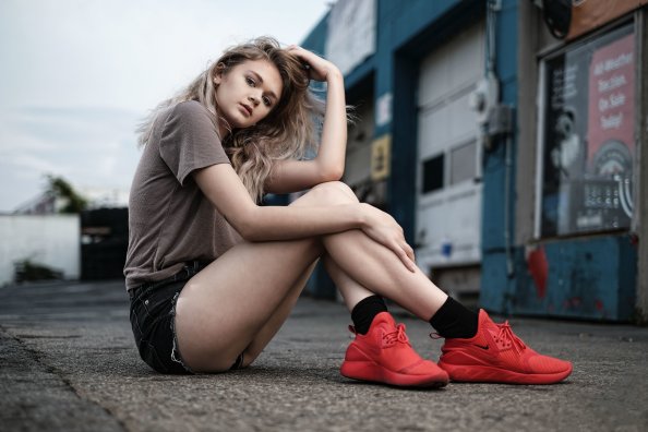 Girl Sitting Athletic Shoes 4k