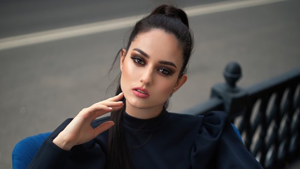 Hand On Face Sitting On Chari Black Dress 4k