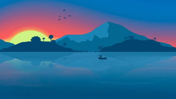 Minimalist Beach Boat Mountains Sunset Birds 8k