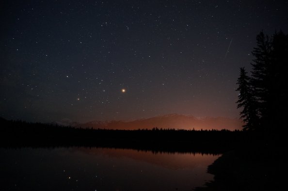 Mountains Stars Dawn Time Trees Reflection In Water