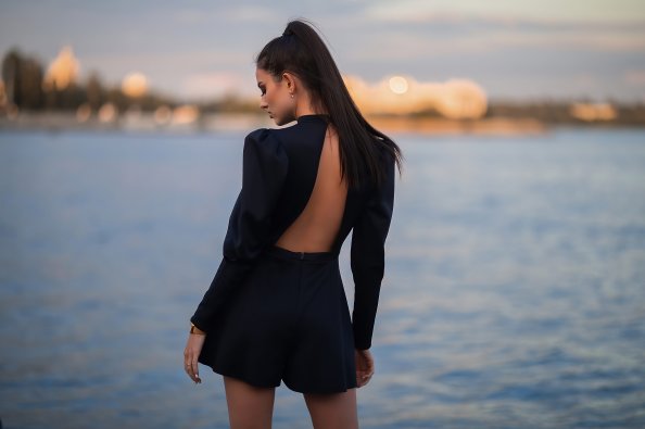 Girl Black Dress Lake 4k