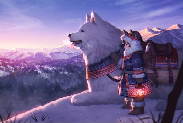 White Dog With Cute Baby Girl Snow Mountains Artwork