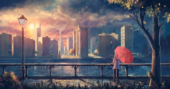 Anime Girl Cityscape Umbrella Trees