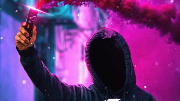 Anonymus Hoodie With Colorful Smoke Bomb 4k