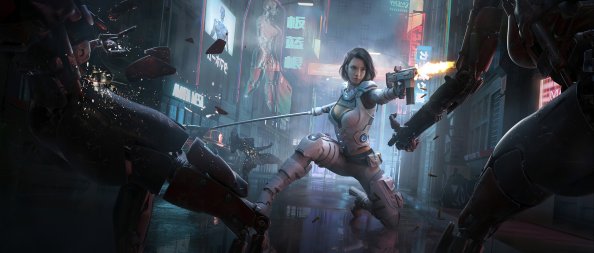Cyberpunk Girl Hitting Man With Gun