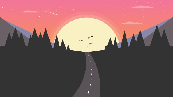 Sun Birds Trees Mountains Art