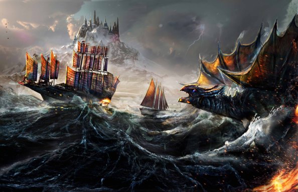 Dragon Fight Ocean Ship Painting 5k