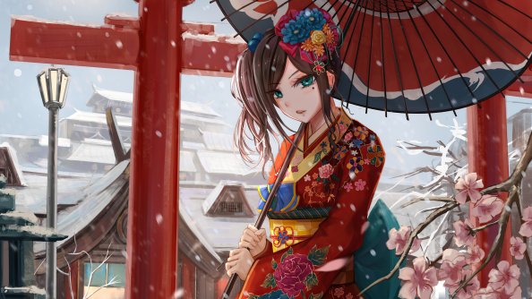 Ancient Asian Girl With Umbrella 4k