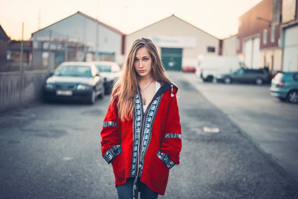 Blonde Girl Red Jacket 4k