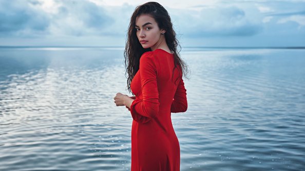 Red Dress Girl Long Hair Looking Back 4k